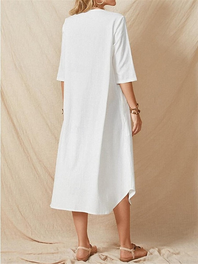 Women's White Summer Spring Midi Dress Cotton Blend White
