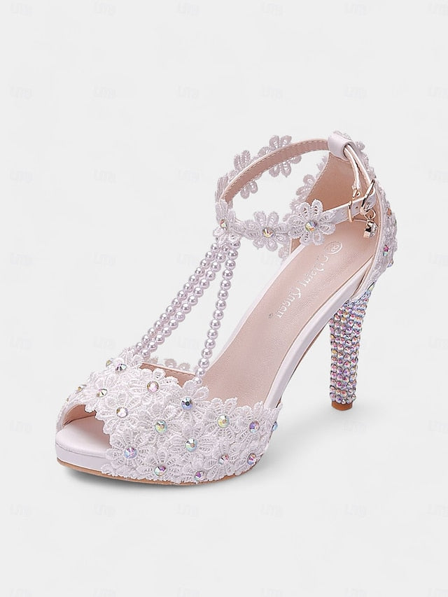 T-Strap Lace Floral Pearl-Decorated Sandals White - Bridal