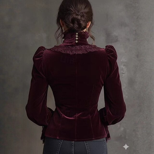 Women's Shirt Velvet Blouse Buttons Plain Vintage Stylish