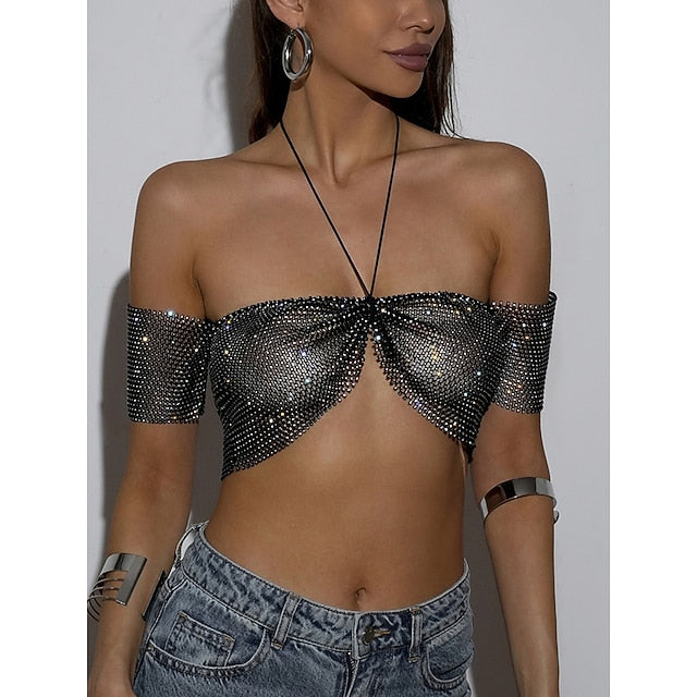 Metallic Sparkle Sexy Crop Tank Top Sheer Mesh Rhinestone Cover