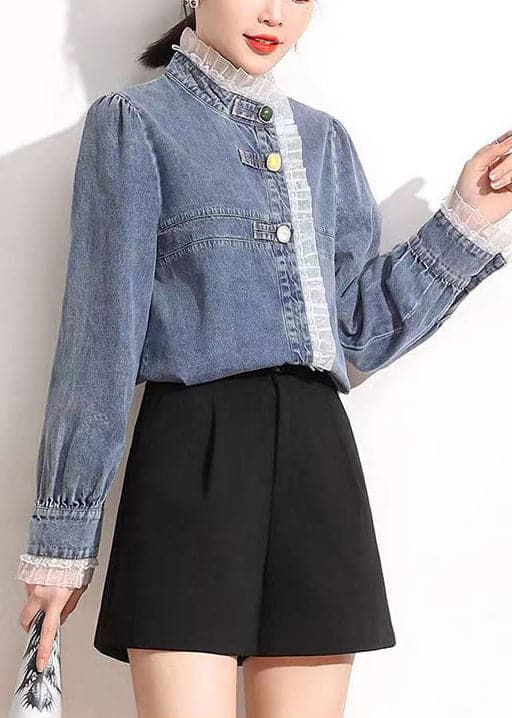 French Blue Stand Collar Asymmetrical Patchwork Lace Cotton Denim Coats Long Sleeve AJ1005