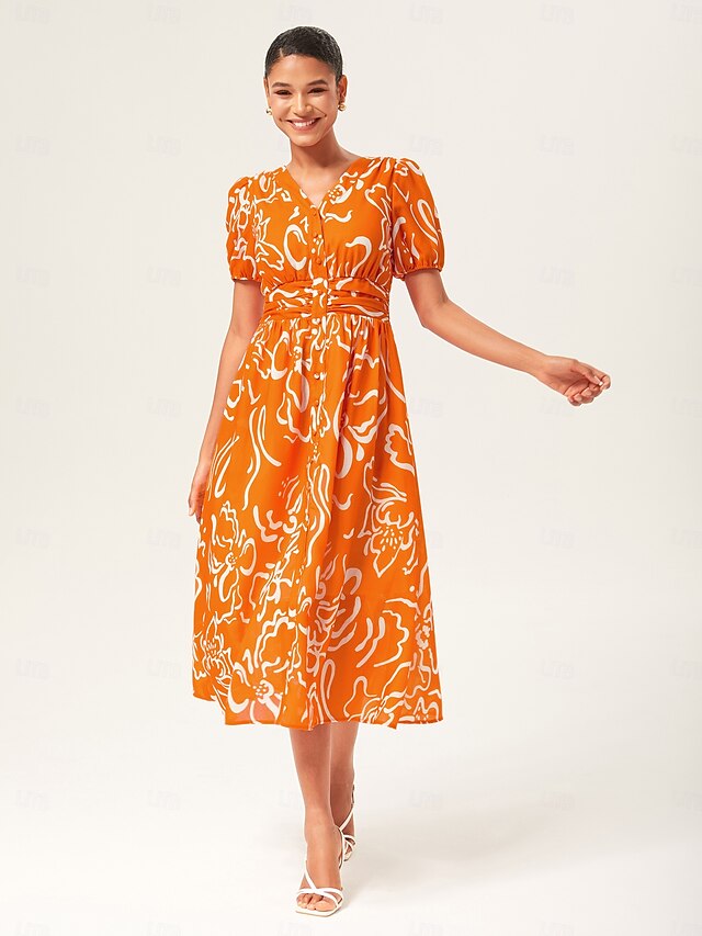 Abstract art print Linen-Like Fabric Waist-Cinching Maxi Dress