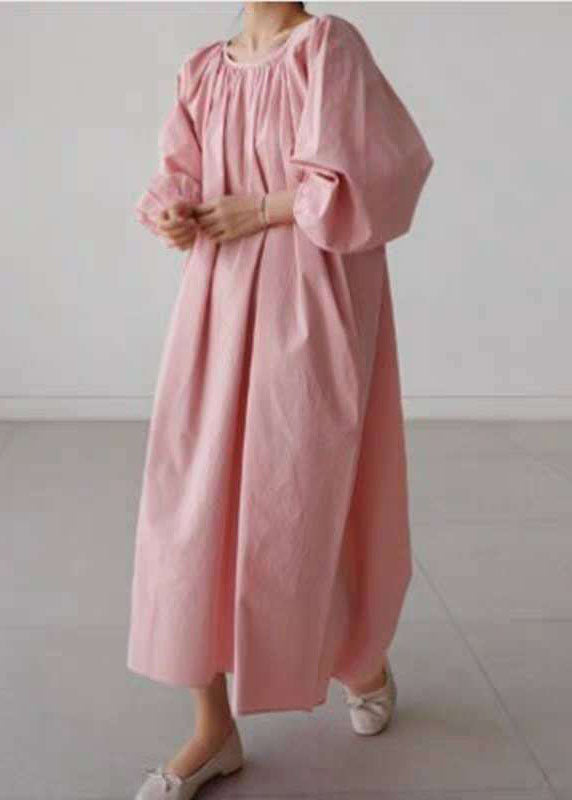 Dress Three Maxi wrinkled Pink sleeve Cotton Quarter O-Neck