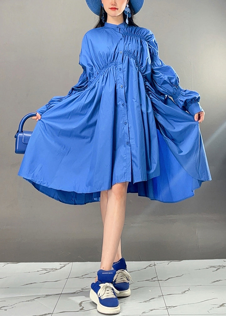 Art Blue Asymmetrical Wrinkled Button Cotton Dress Fall AJ1032