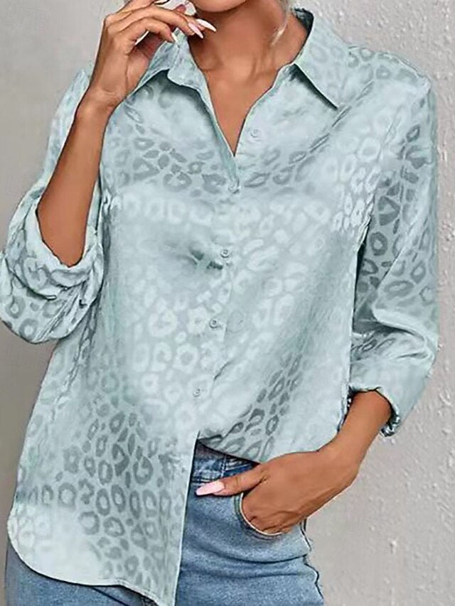 Women's Shirt Elegant Satin Top Blouse Buttons Leopard
