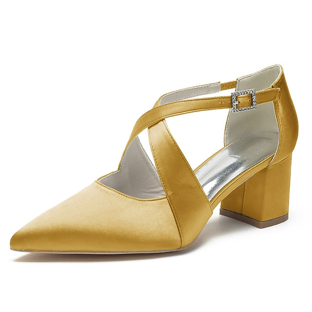 – Elegant White Block Pointed Heels Women's Satin Toe