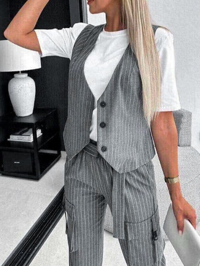 Women's Pants Sets Sleeveless V Neck Striped Print Fashion