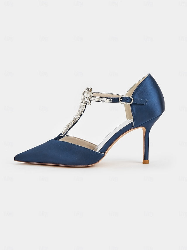Blue Toe Pointed Women's Heels Navy – Satin T-Strap