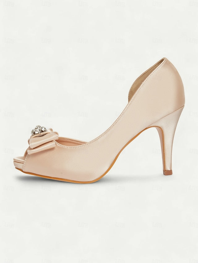 Toe Heels Satin Champagne Women's Peep and with Bow