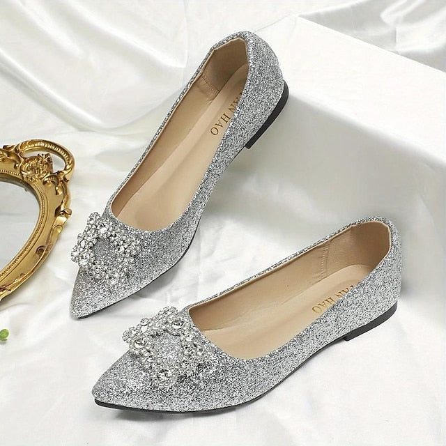 Flats Women's Glitter Rhinestone Embellished Silver with