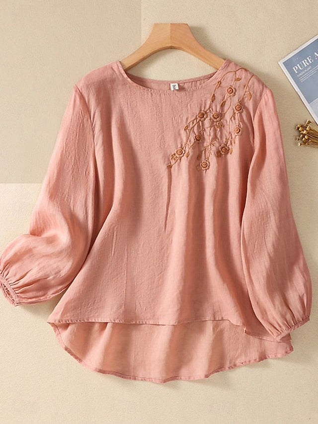 Women's Shirt Blouse Faux Cotton Linen Embroidered Solid