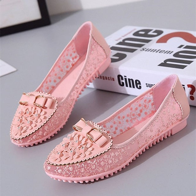 Pink Flats Floral Details - Bow with and Women's Lace