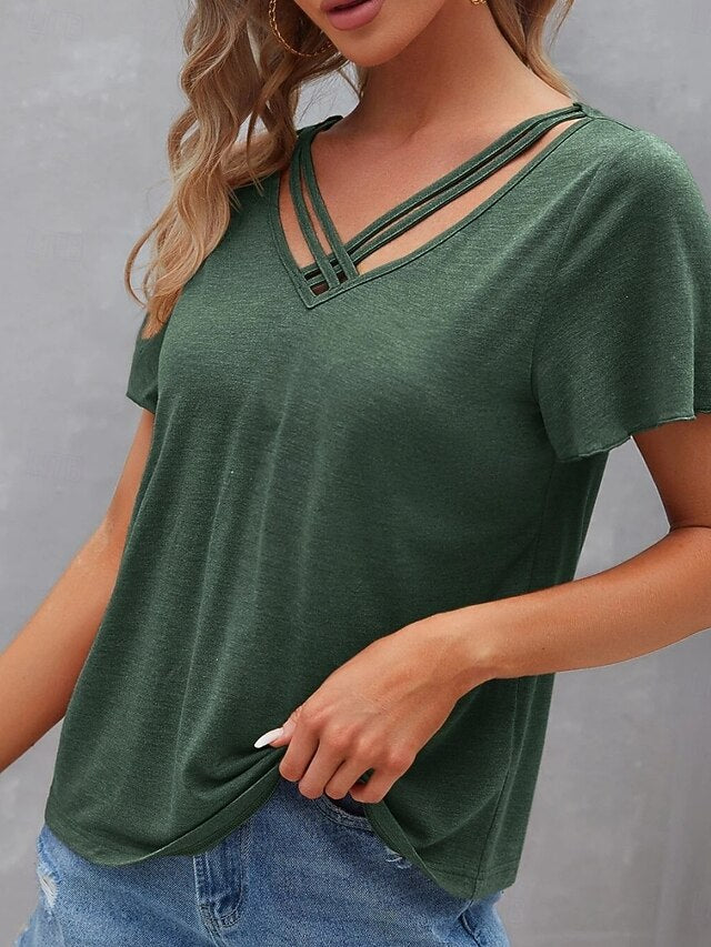 Women's T Shirt Tee Top Criss-Cross Hollow Out Plain