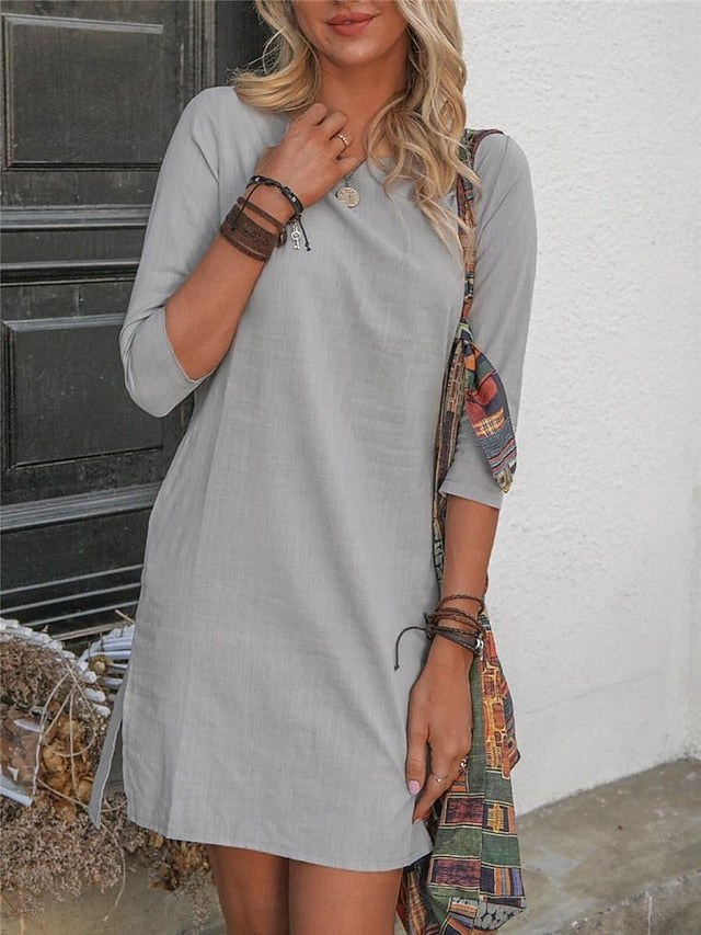 Women's Blue Pink Gray Summer Spring Midi Dress Faux Cotton