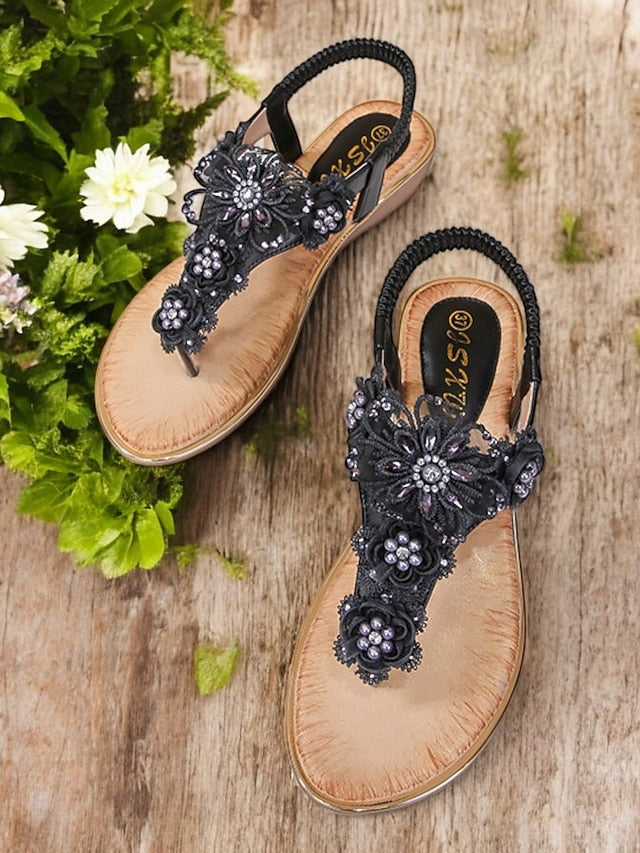 Women's Embellished T-Strap Sandals Floral Pink – Lace