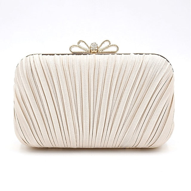 Pleated Rhinestone White Bag Bow – Women's Clutch Elegant