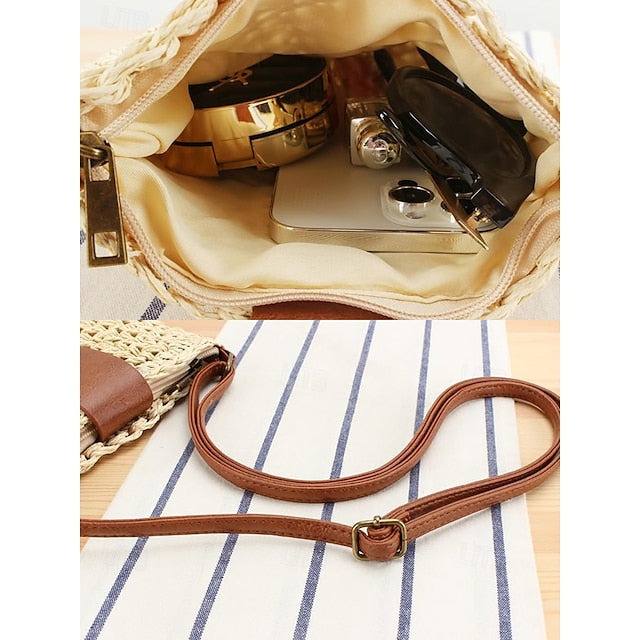 Women’s Bag Chic Leather - Strap Straw with Crossbody Woven
