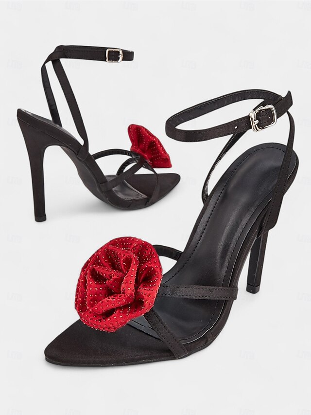 Floral High Black Embellishments Chic Red - Sandals Heel with