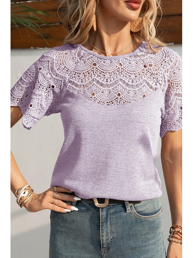 Women's Blouse Lace Tops Lace Plain Casual Short Sleeve