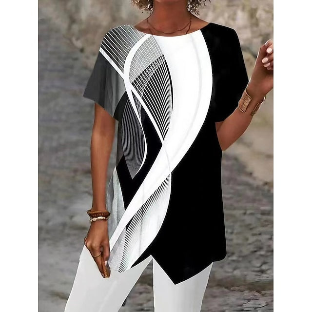 Women's Shirt Asymmetrical Hem Basic Abstract Print Short