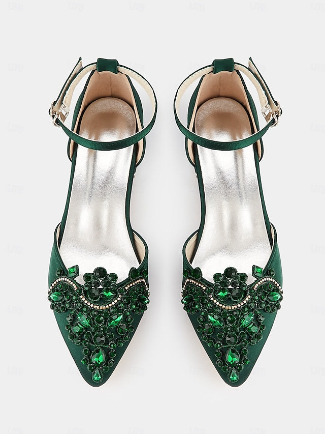 – Gemstone Embellished Flats Pointed-Toe Green Style Vintage