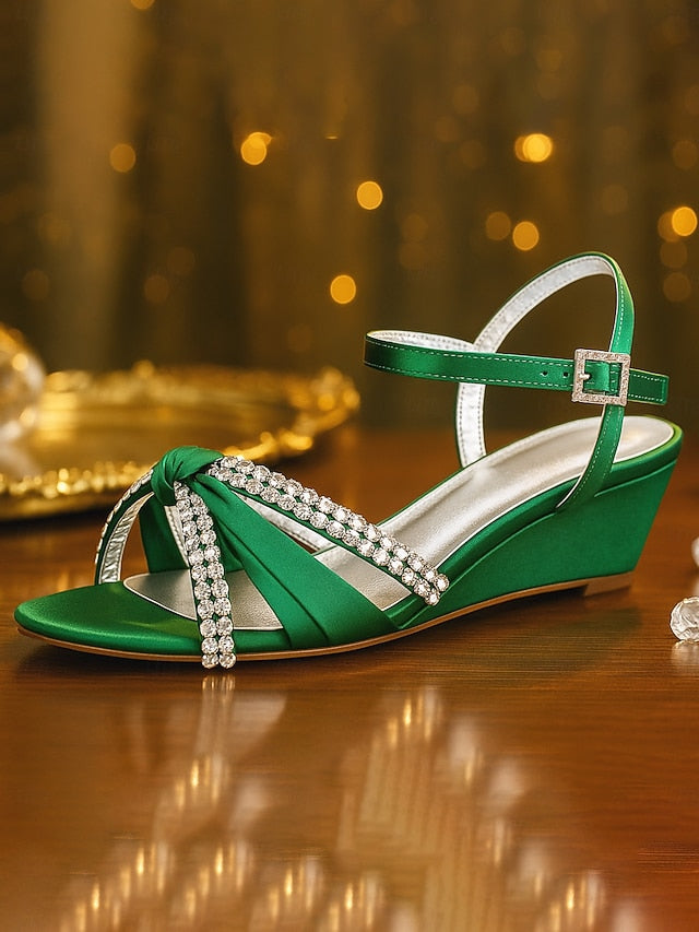 Green Women's Wedge - Satin Knot Sandals Rhinestone