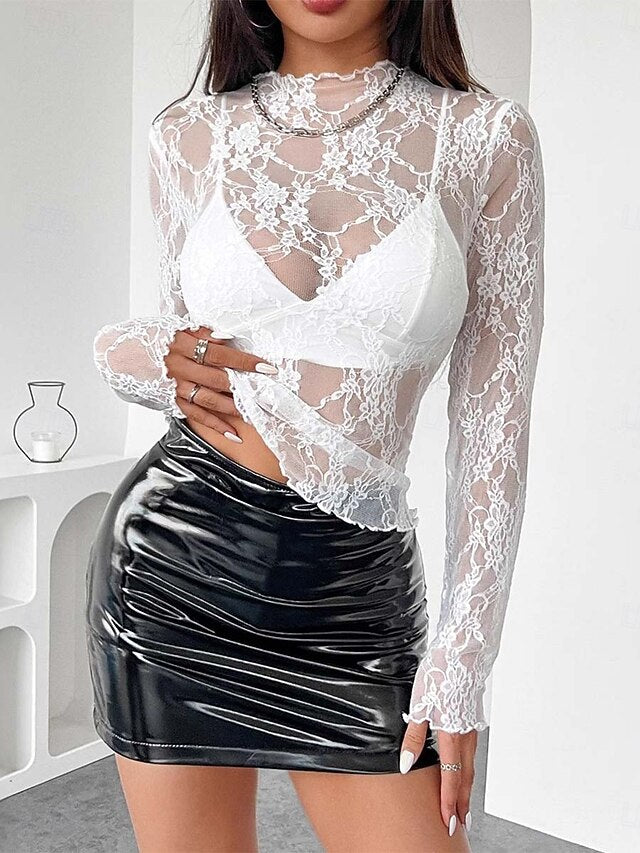 Women's Lace Splicing Top Lace Sexy Long Sleeve Crew Neck