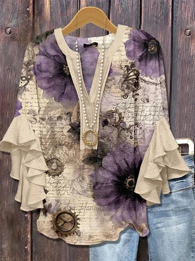 Women's Blouse V Neck Floral Graphic Elegant Bohemia Ethnic