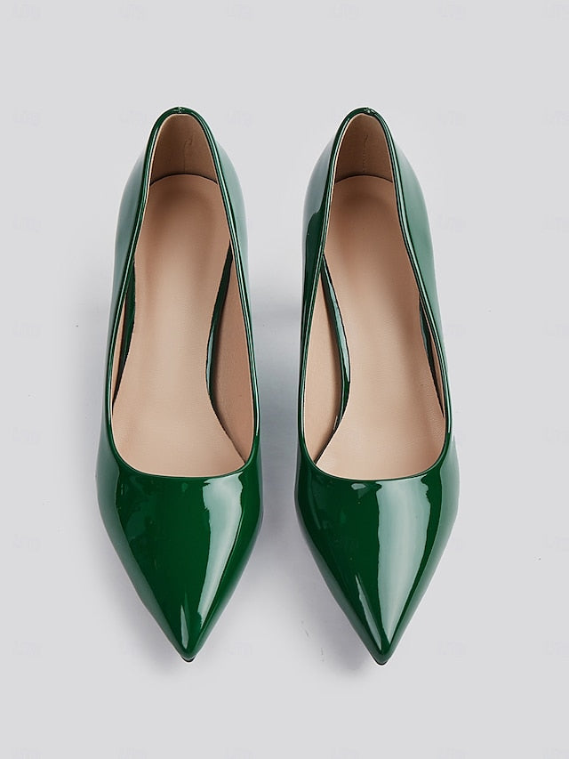 Pointed-Toe Heel Block Leather Patent Pumps Green Faux Glossy