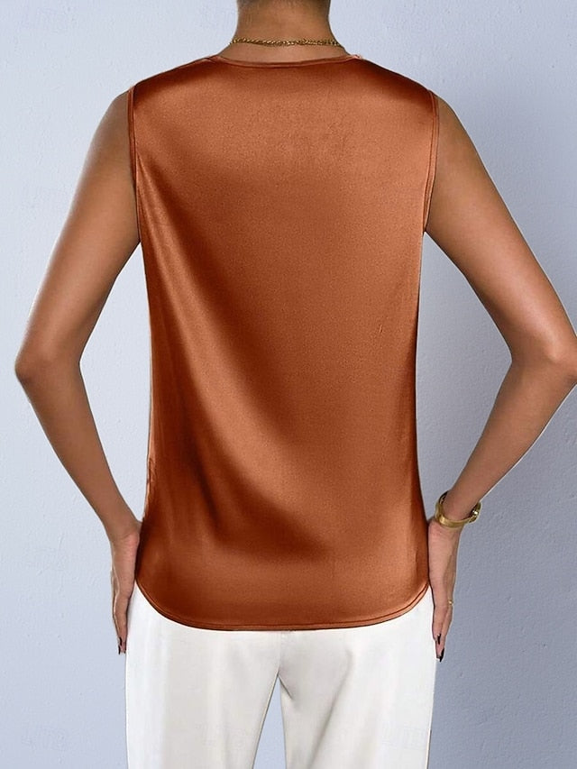 Women's Satin Shirt Blouse Cowl Neck Top Sleeveless Shirt