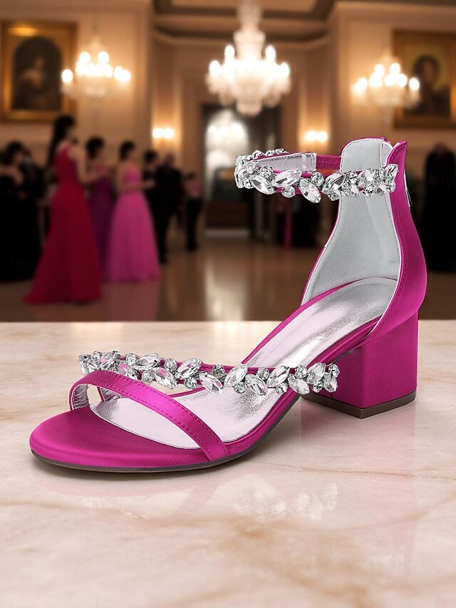 Crystal Sandals - Women's Heel Purple Block Satin
