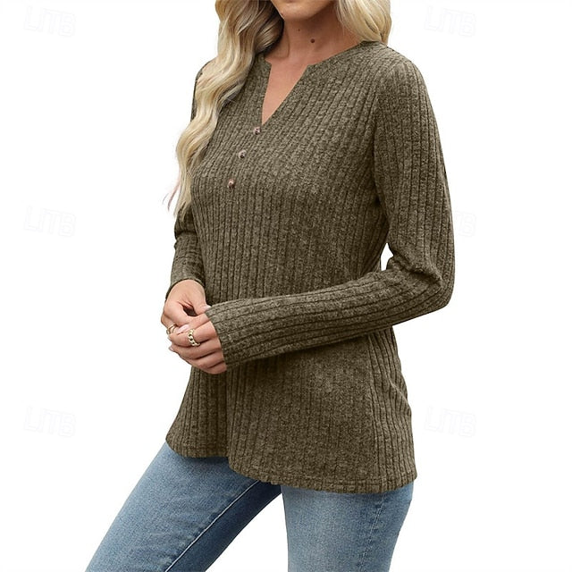 Women's T Shirt Tee Top Buttons Solid Color Stylish Classic