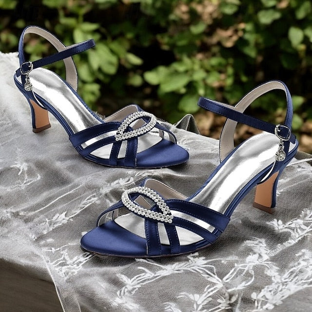 Heels Rhinestone Strappy Satin Women's Blue with Dark