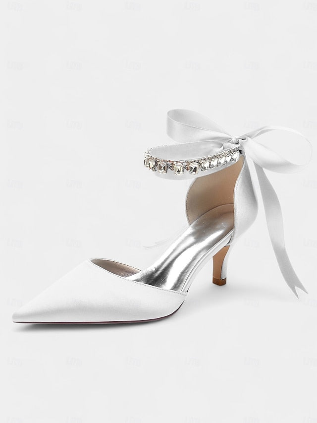 Satin Ankle Strap Blue Heels Pointed-Kitten and with Rhinestone