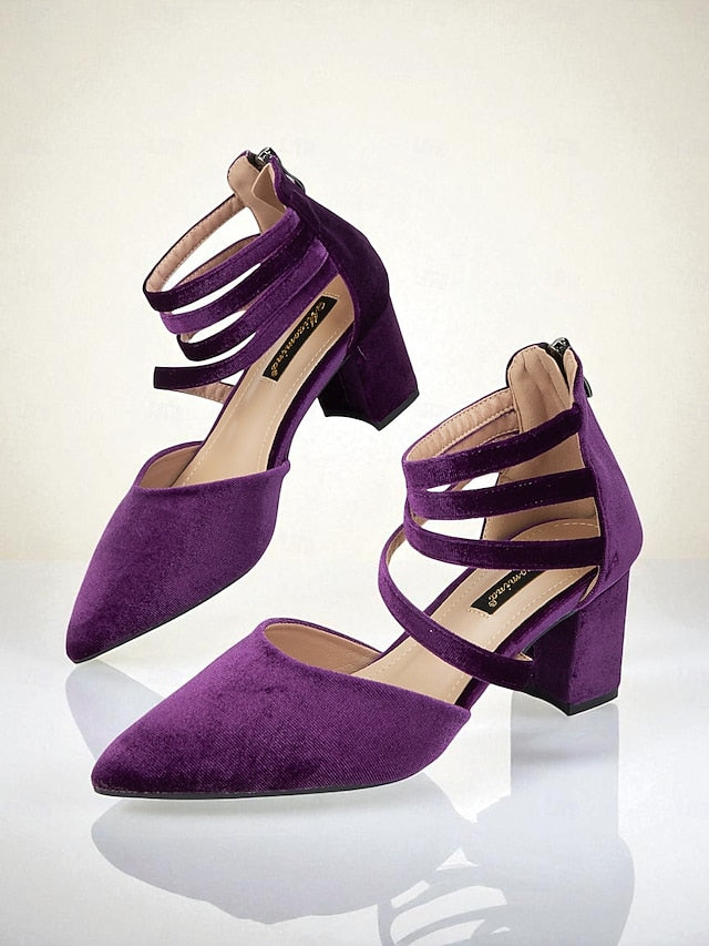 Pumps Block Blue Pointed Toe Heel Velvet with Women's