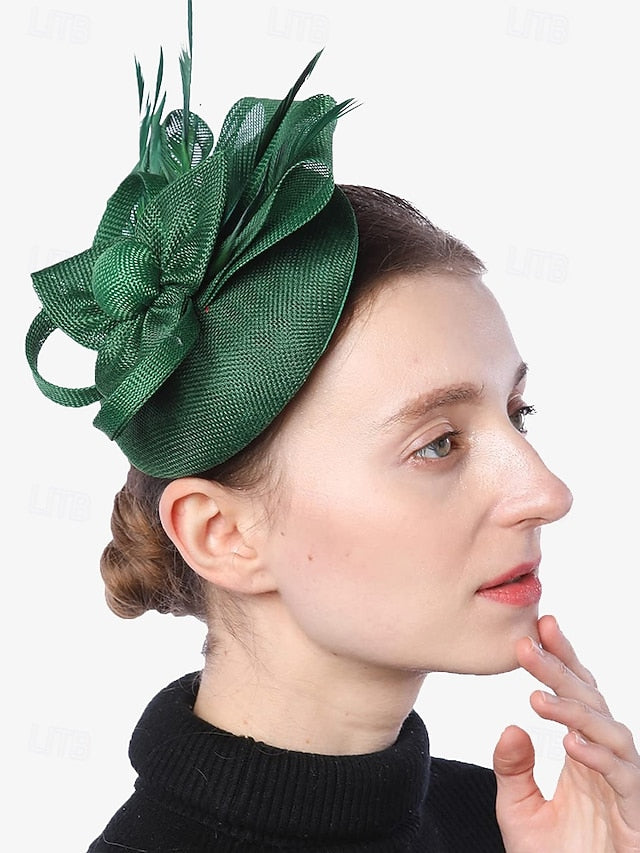 Women's Fascinator and Feather Bow Hat Green Accents with