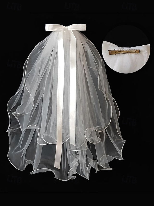 Elegant Satin - Bridal Ivory Ribbon Tulle Veil with and Soft