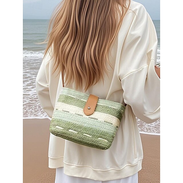 Tote Women's Colorblock Striped Woven Brown Bag Straw with