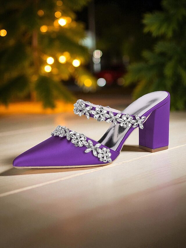 Women's Mules Rhinestone Floral Heel Black Block Satin with