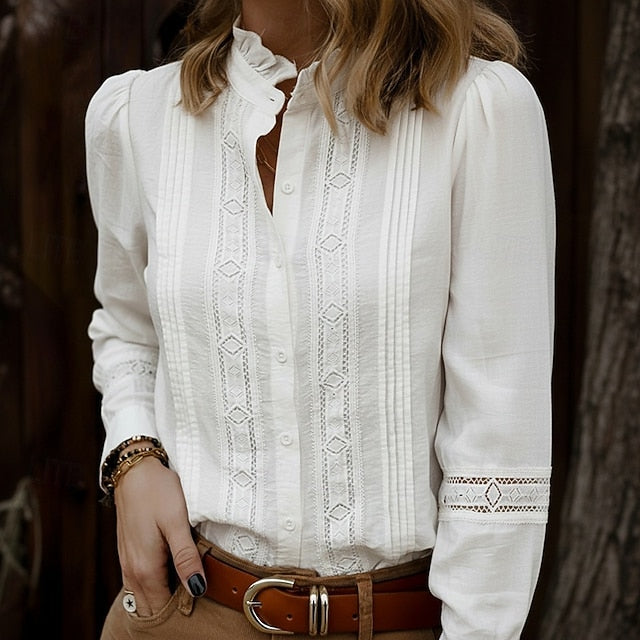 Women's Blouse Ruffle Eyelet Buttons Plain Elegant Vintage