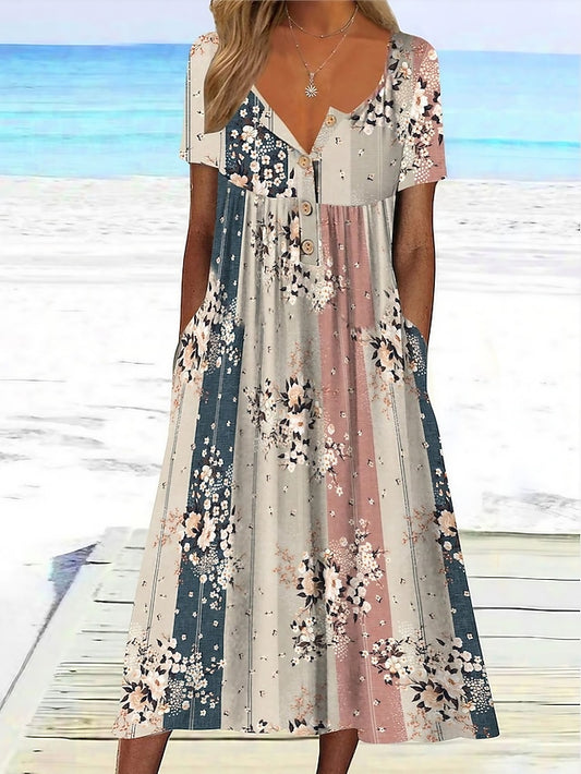 Women's Casual Dress Floral Color Block Ruched Print V Neck