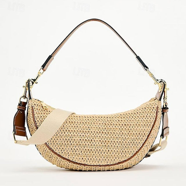Adjustable Boho Bag Crossbody with Straw Women's Leather