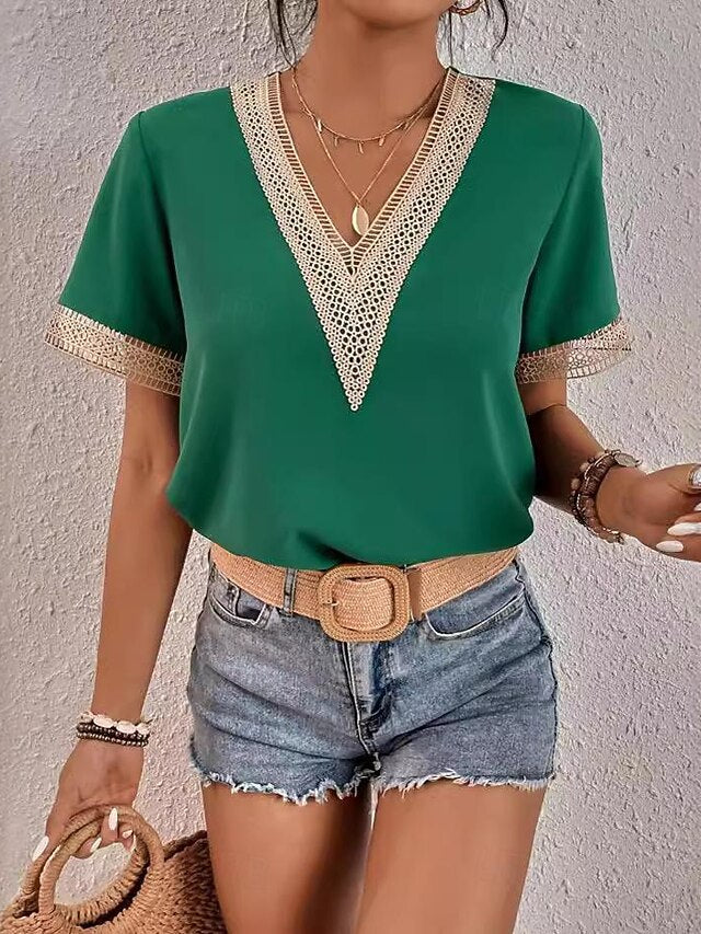Women's Elegant Lace Tops Eyelet Blouse Lace Work Stylish