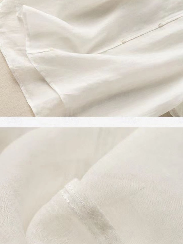 Women's Cotton Linen Shirts Solid Color Basic Casual Short