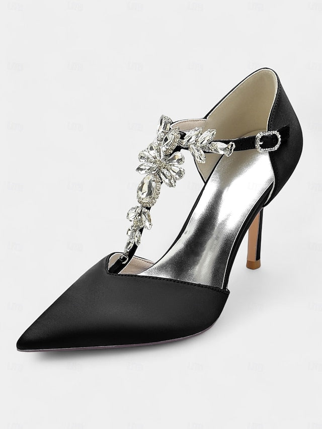 Pointed Toe – Heels Women's Blue T-Strap Navy Satin