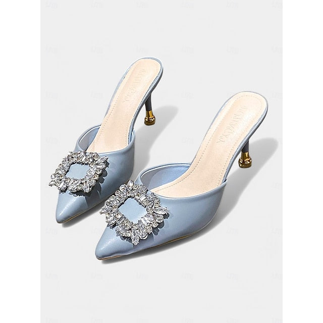 Toe Mules Women's Blue Pointed Buckle with Light Crystal