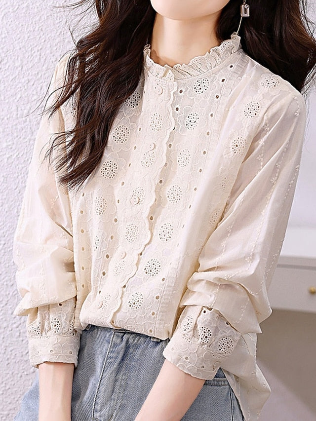 Women's Shirt Blouse Lace Tops Lace Buttons Plain Stylish
