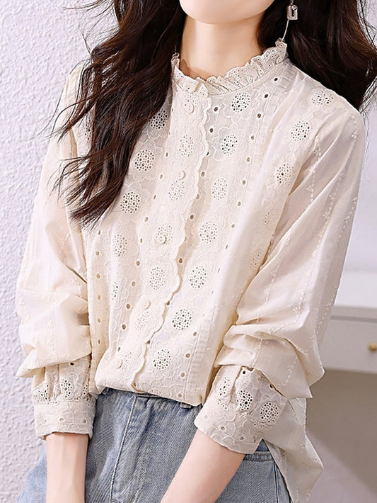 Women's Shirt Blouse Lace Tops Lace Buttons Plain Stylish
