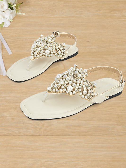 Women's T-Strap Sandals Pearl-Embellished – Flat Elegant