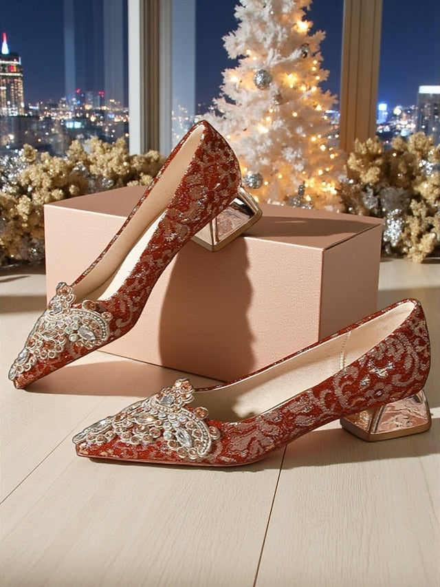 Women's Red Pointed-Toe Flats Rhinestone Embellished